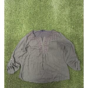 Signature Studio Olive Green Eyelet Split Neck Long Sleeve Top XL